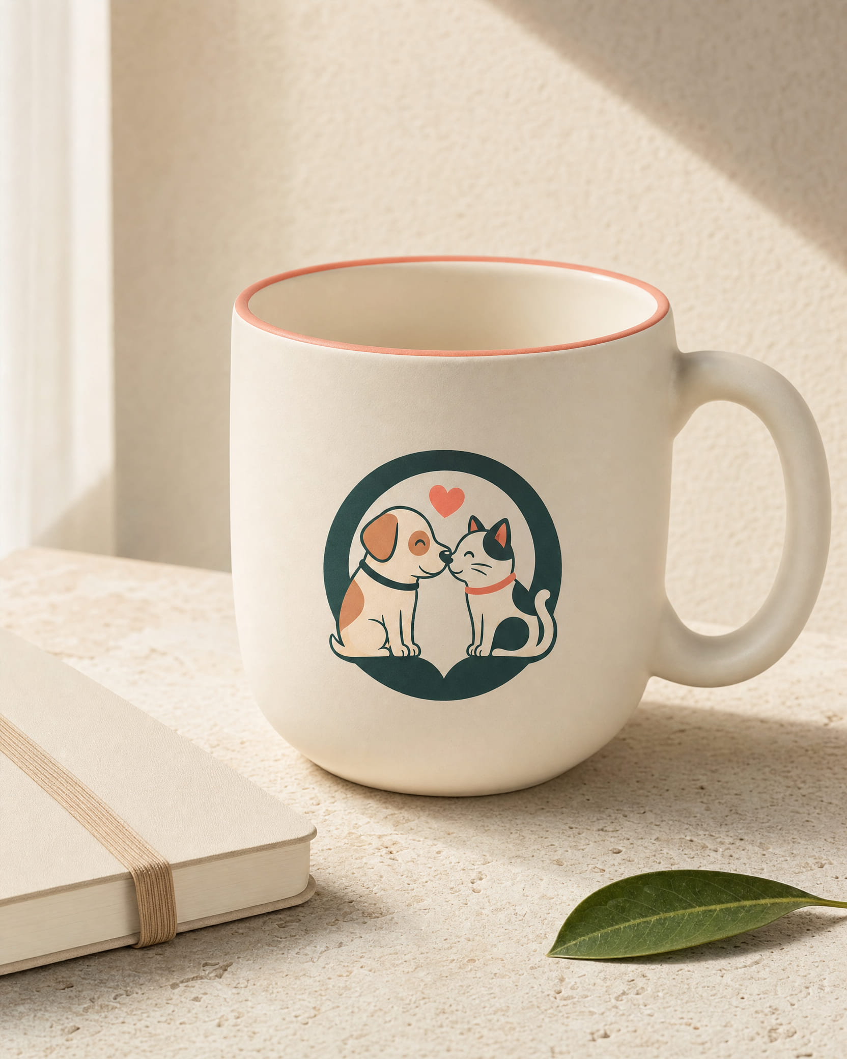 Ivory PetAmor ceramic mug with dog and cat heart emblem