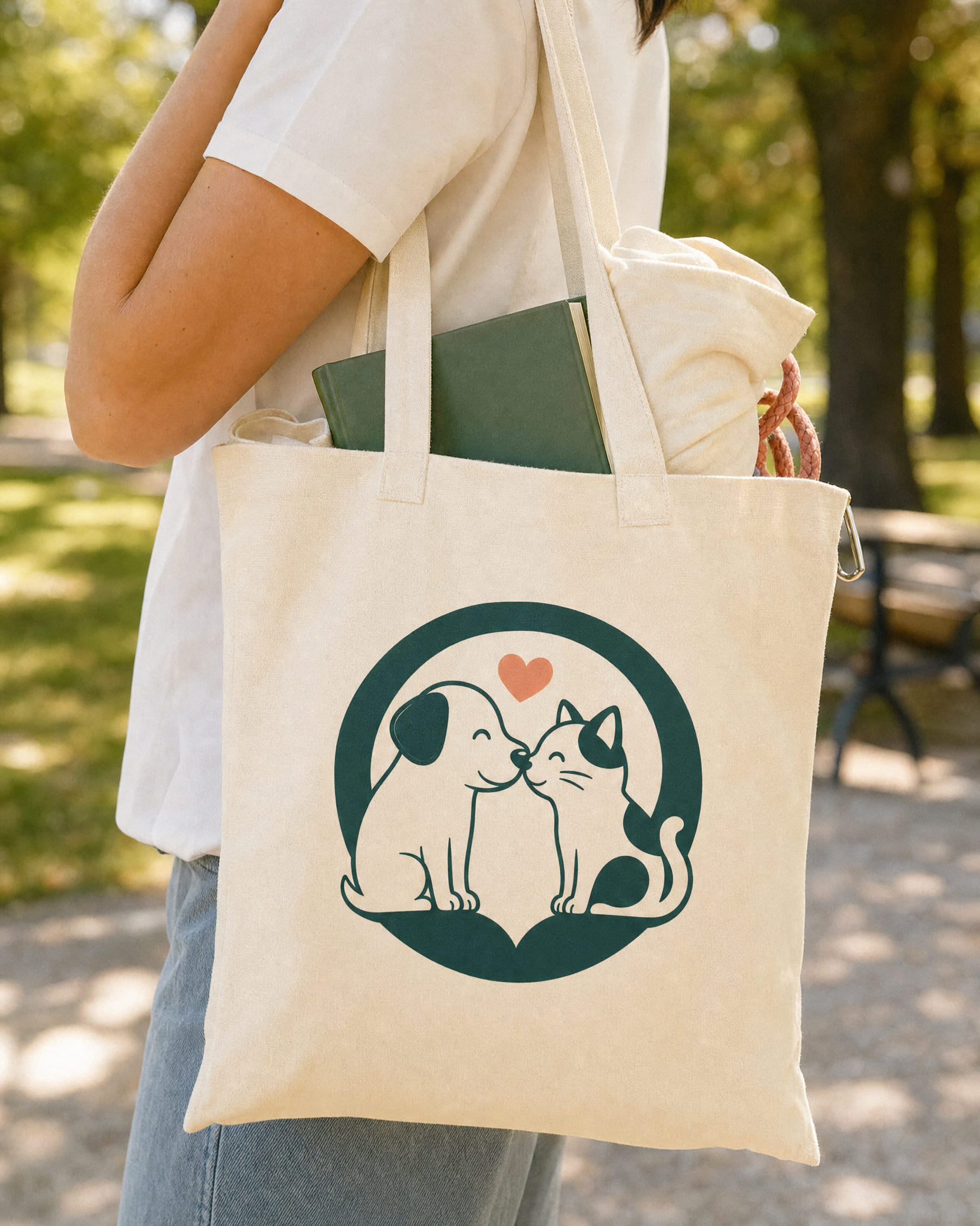 Natural canvas PetAmor tote bag with dog and cat heart emblem